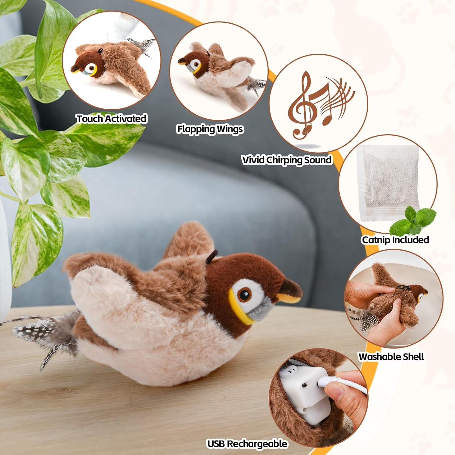 Homieway Large Interactive Chirping Bird Cat Toy, Flapping Wings Hanging Cat Toy, USB Rechargeable Electric Sparrow Shaking Bird for Indoor Cats, Brown