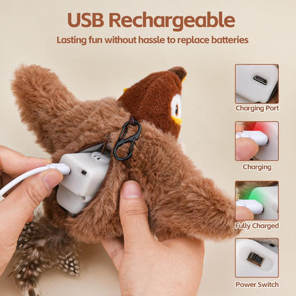 Homieway Large Interactive Chirping Bird Cat Toy, Flapping Wings Hanging Cat Toy, USB Rechargeable Electric Sparrow Shaking Bird for Indoor Cats, Brown