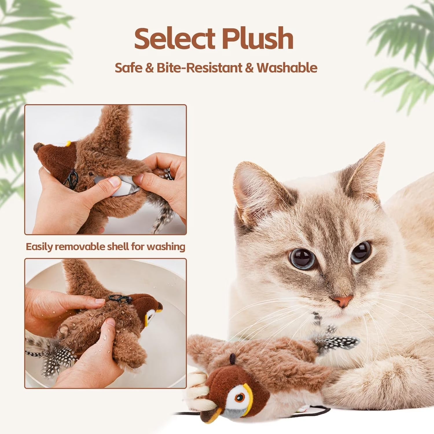 Homieway Large Interactive Chirping Bird Cat Toy, Flapping Wings Hanging Cat Toy, USB Rechargeable Electric Sparrow Shaking Bird for Indoor Cats, Brown