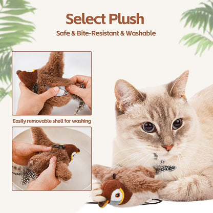 Homieway Large Interactive Chirping Bird Cat Toy, Flapping Wings Hanging Cat Toy, USB Rechargeable Electric Sparrow Shaking Bird for Indoor Cats, Brown