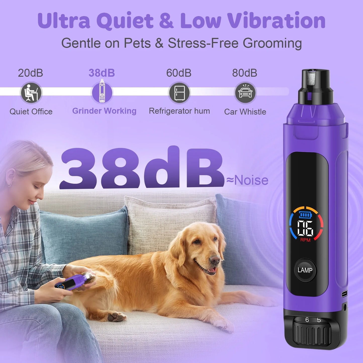 Dog Nail Grinder,6-Speed Pet Nail Grinder W/Light Quiet Rechargeable Electric Dog Nail Trimmer Painless Paws Grooming & Smoothing Tool for Large Medium Small Dogs(Purple)