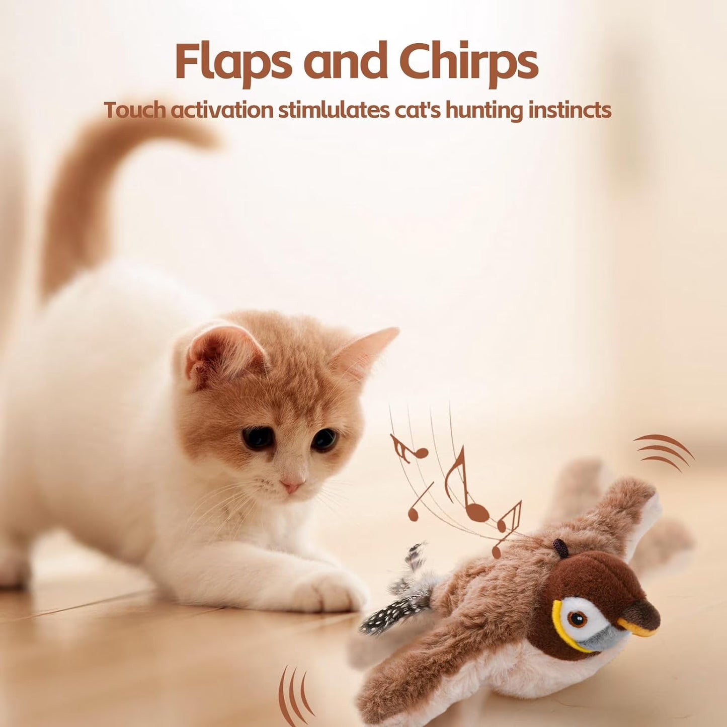 Homieway Large Interactive Chirping Bird Cat Toy, Flapping Wings Hanging Cat Toy, USB Rechargeable Electric Sparrow Shaking Bird for Indoor Cats, Brown