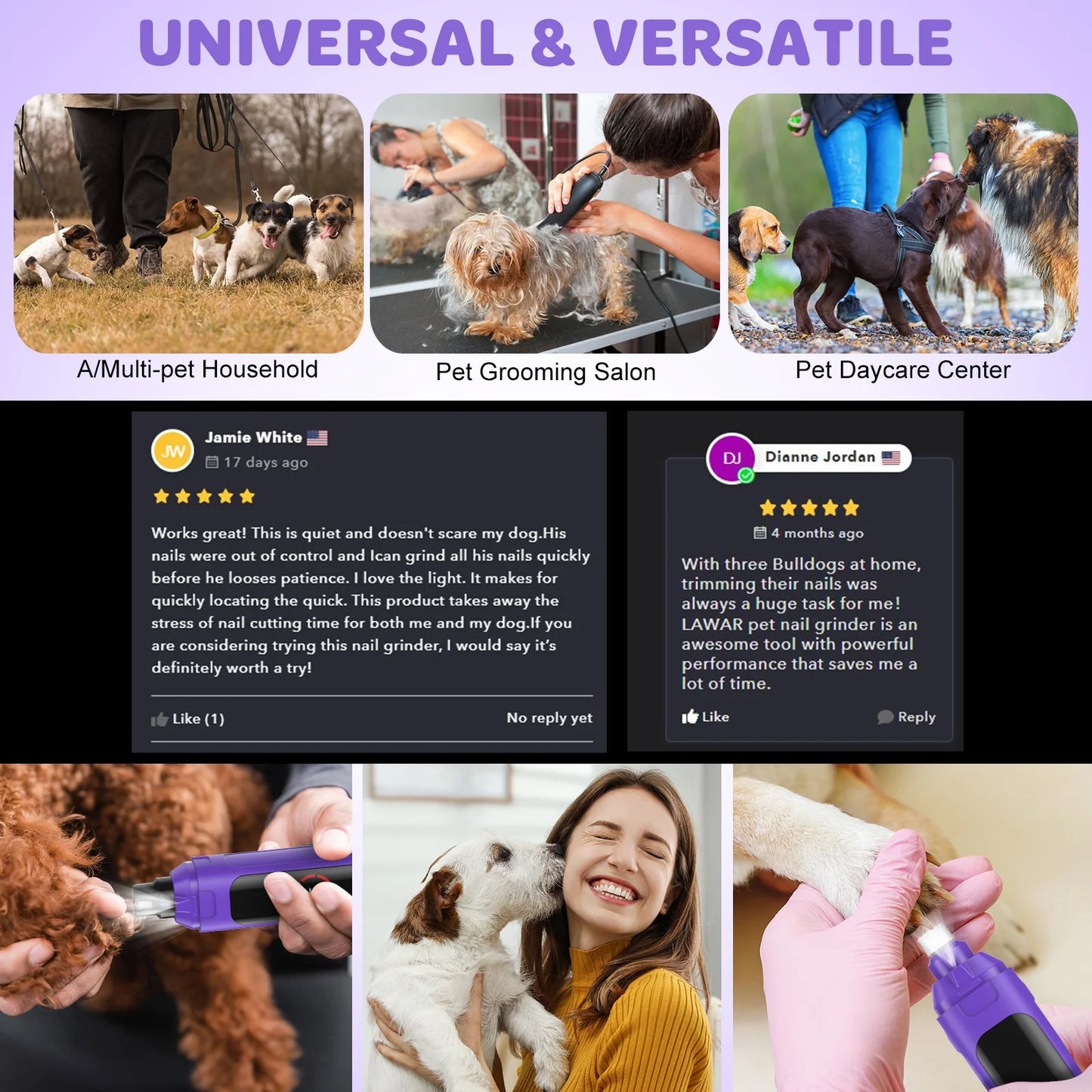 Dog Nail Grinder,6-Speed Pet Nail Grinder W/Light Quiet Rechargeable Electric Dog Nail Trimmer Painless Paws Grooming & Smoothing Tool for Large Medium Small Dogs(Purple)