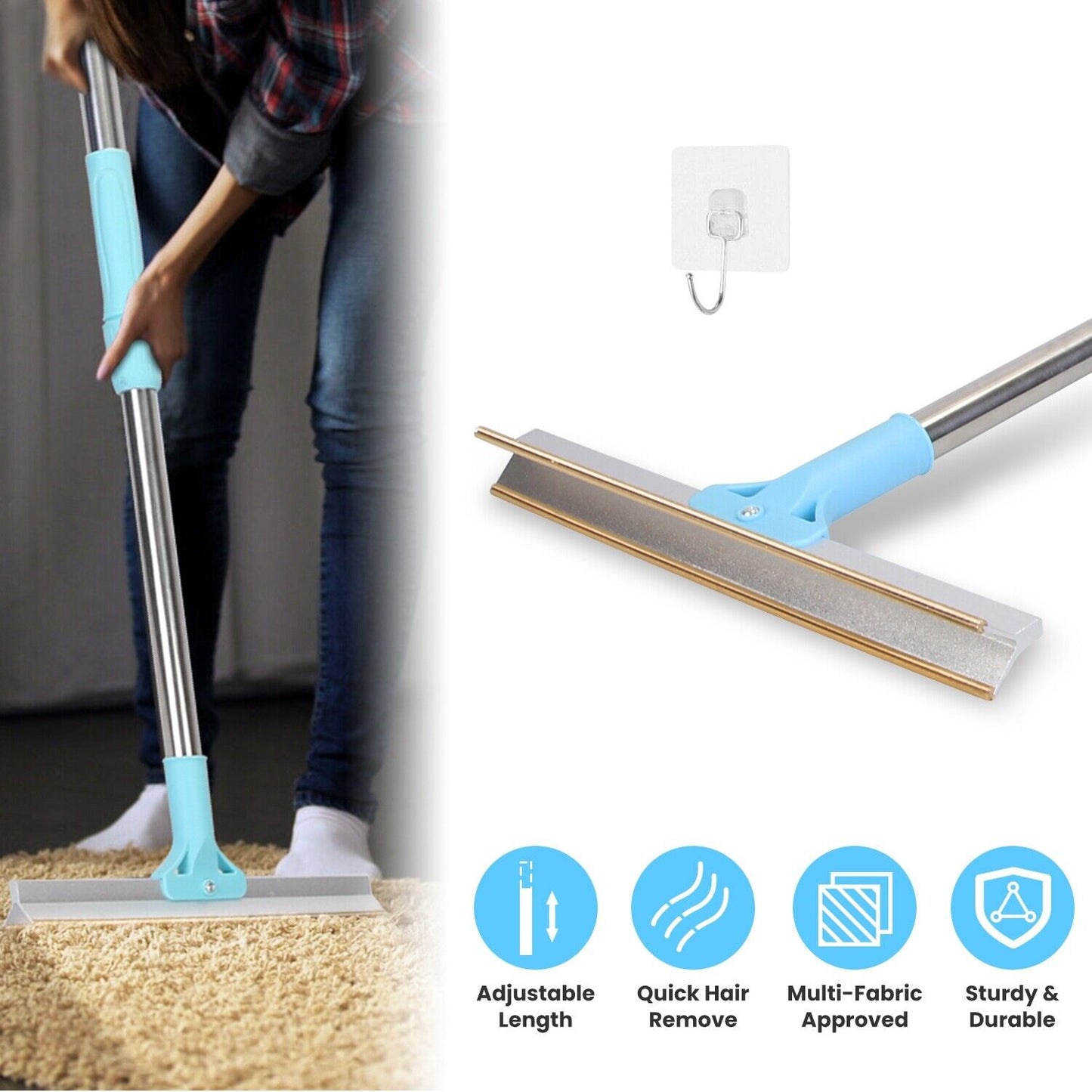 Pet Hair Removal Rake Set 54"Telescopic Handle Broom for Dog Cat Carpet Cleaner