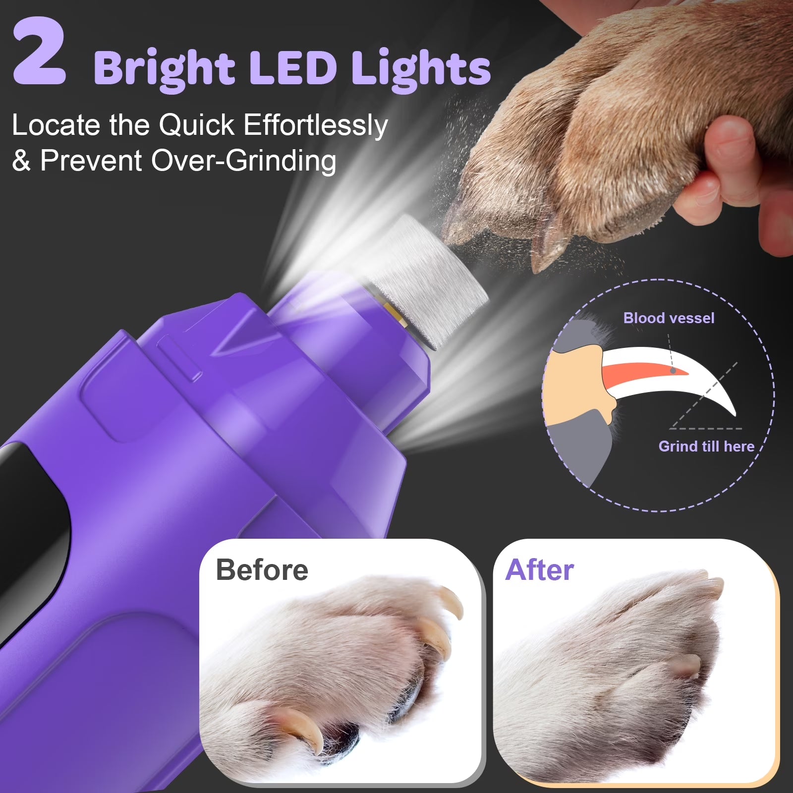 Dog Nail Grinder,6-Speed Pet Nail Grinder W/Light Quiet Rechargeable Electric Dog Nail Trimmer Painless Paws Grooming & Smoothing Tool for Large Medium Small Dogs(Purple)