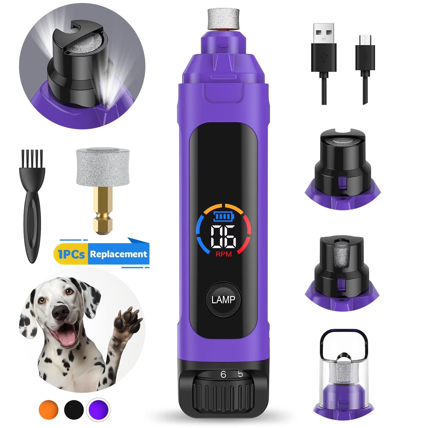Dog Nail Grinder,6-Speed Pet Nail Grinder W/Light Quiet Rechargeable Electric Dog Nail Trimmer Painless Paws Grooming & Smoothing Tool for Large Medium Small Dogs(Purple)